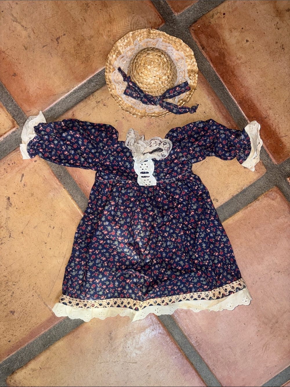 Vintage American Girl Doll matching dress and straw hat
